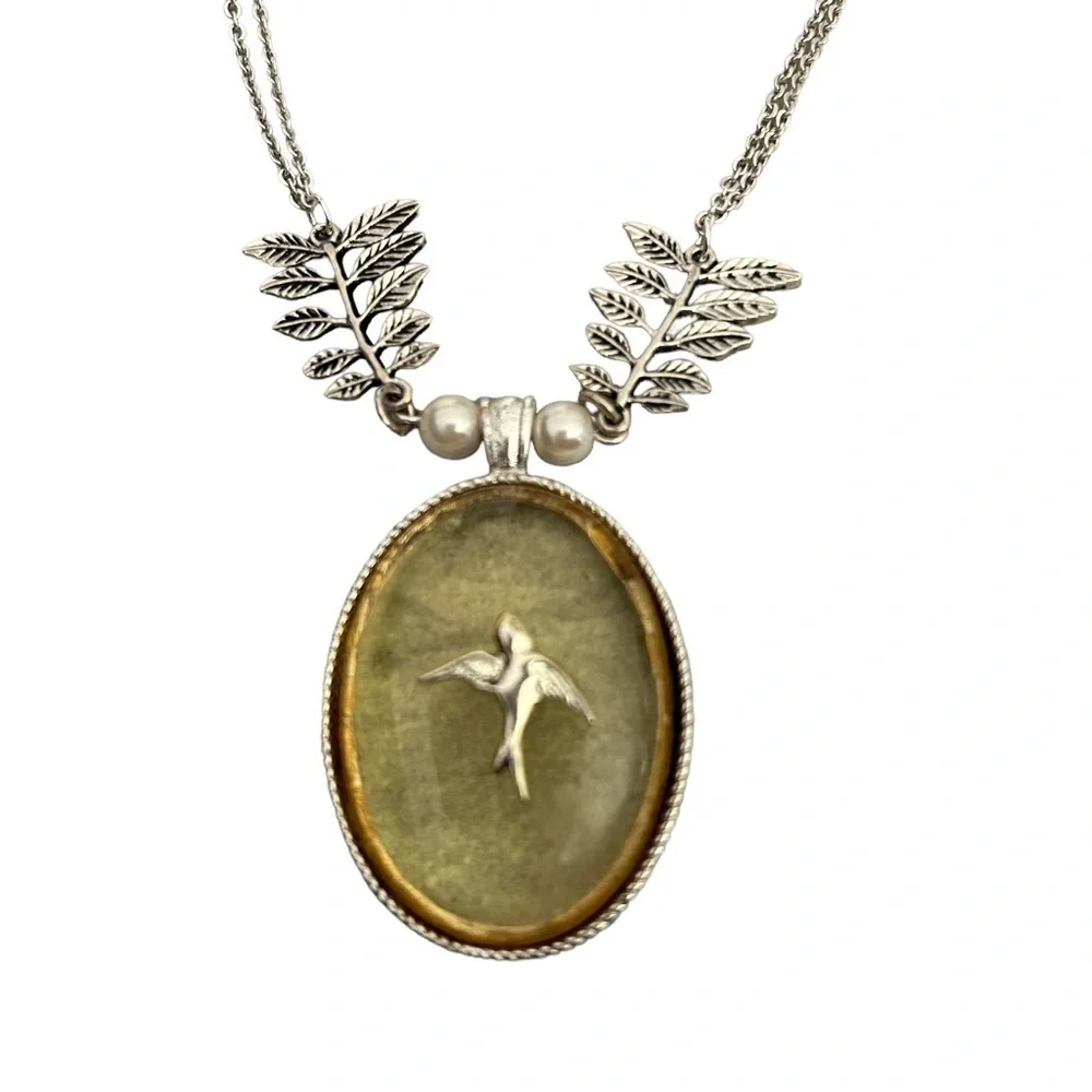 Double Slivertone Chain w/ Leaf & Faux Pearl & Gold/Yellow Pendant & Silver Bird